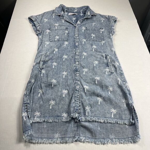 Billy T Palm Tree Print Chambray Button Shirt Dress M Short Sleeve Casual Resort - Picture 1 of 9
